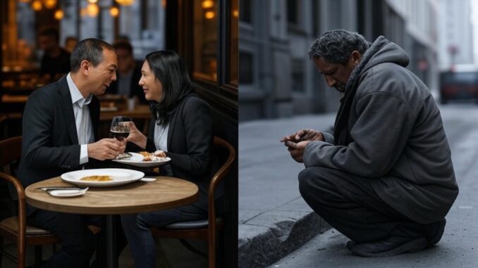 Couple dining; person sitting on street. Couple dining; person sitting on street.