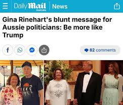 News headline about Gina Rinehart's political message.