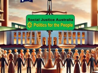 People holding hands under justice scales sign.
