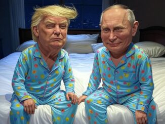 Two men in pajamas sitting on bed.