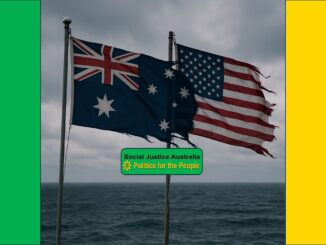 Australian and American flags against cloudy sky.
