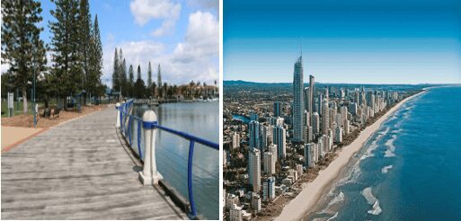 Boardwalk by river; aerial view of coastline.