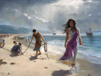 Ancient seashore with ships and people.