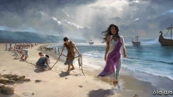 Ancient seashore with ships and people. Ancient seashore with ships and people.