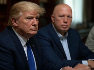 Two men sitting at a table, serious.