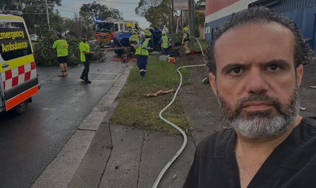 Man at emergency response scene with vehicles. Man at emergency response scene with vehicles.