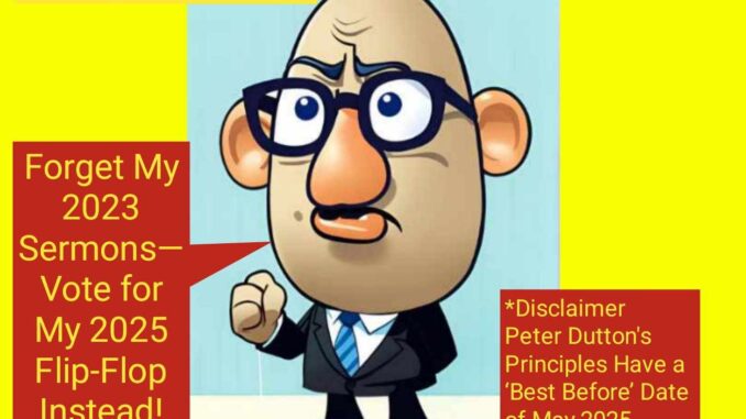 Cartoon character with political speech bubbles.