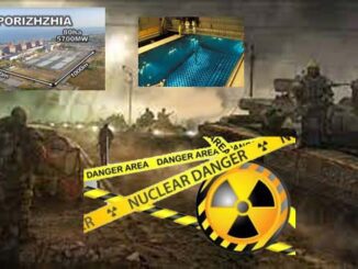 Nuclear danger sign with military scene background.