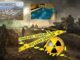 Nuclear danger sign with military scene background.