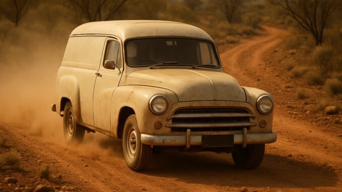 Vintage van driving on a dusty road.