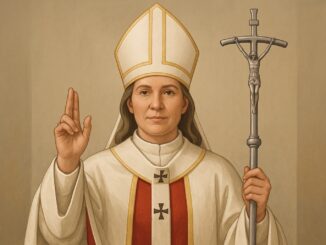 Portrait of a bishop holding a staff and making a blessing gesture.