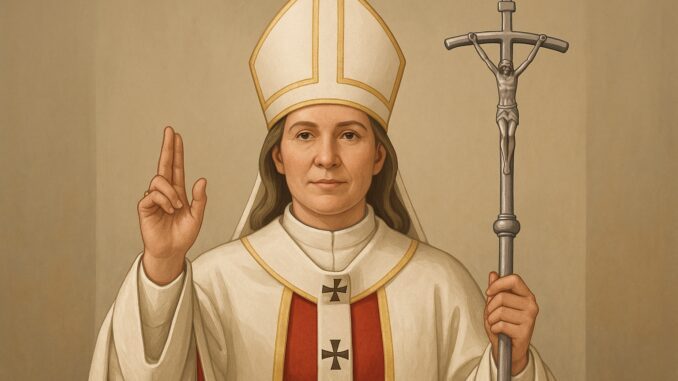 Portrait of a bishop holding a staff and making a blessing gesture. Portrait of a bishop holding a staff and making a blessing gesture.
