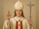 Portrait of a bishop holding a staff and making a blessing gesture.