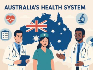 Australia's healthcare professionals and medical symbols illustration.