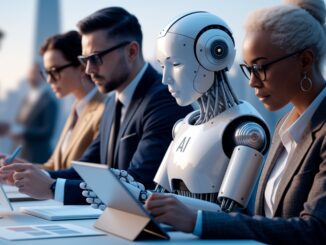 A humanoid robot working alongside professionals in an office setting.