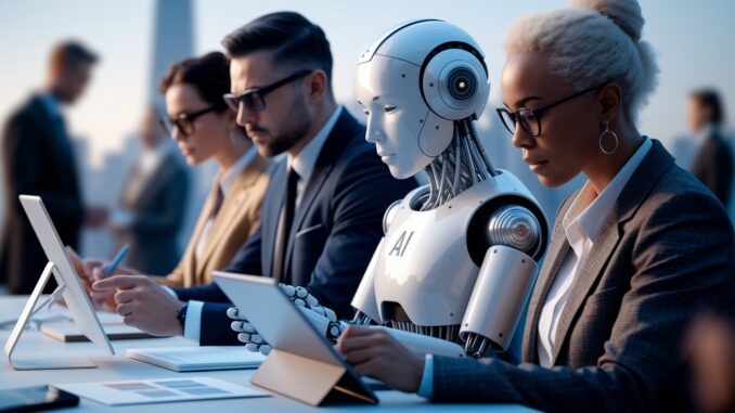 A humanoid robot working alongside professionals in an office setting. A humanoid robot working alongside professionals in an office setting.