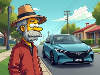 An older man with a hat stands on a suburban street with a blue car behind him.