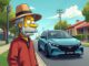 An older man with a hat stands on a suburban street with a blue car behind him.