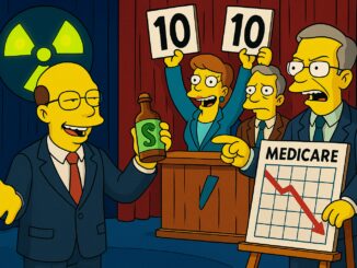 Characters from The Simpsons judging a presentation with perfect scores.