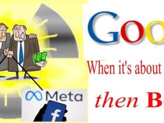 Cartoon showing tech giants Google, Meta, and Facebook with a man holding money.