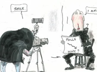 Cartoon of photographer and person with polls.
