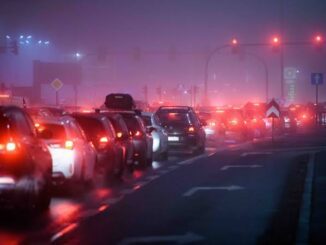 Traffic jam with cars at night.