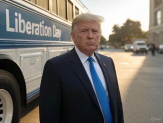Man in suit standing by Liberation Day bus.