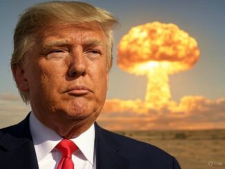 Man standing with nuclear explosion in background.