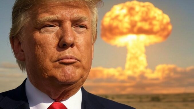 Man standing with nuclear explosion in background.
