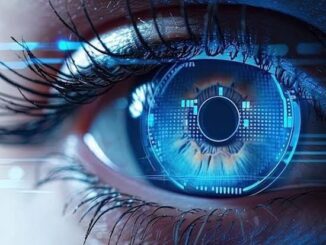 Futuristic digital eye with technology overlay.