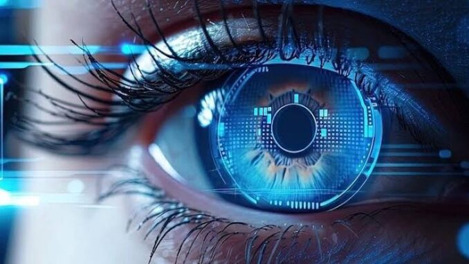 Futuristic digital eye with technology overlay.
