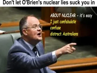 Politician speaking with text about nuclear lies.