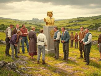 People gathered around a statue in field.