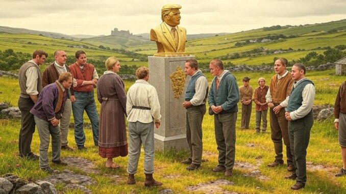 People gathered around a statue in field. People gathered around a statue in field.