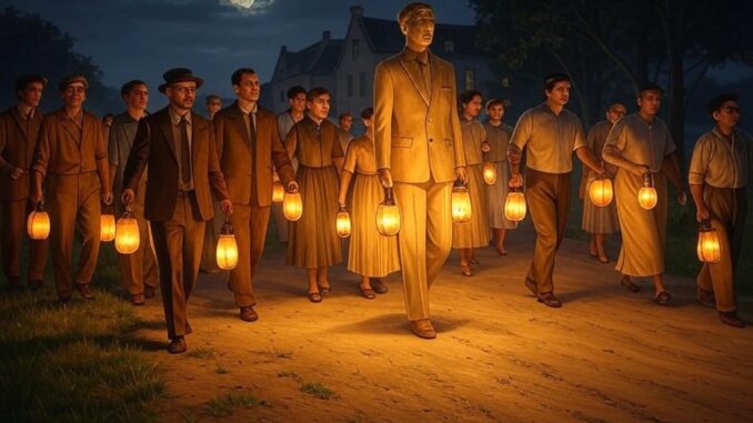 Group walking with lanterns under moonlight. Group walking with lanterns under moonlight.