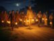 Group walking with lanterns under moonlight.