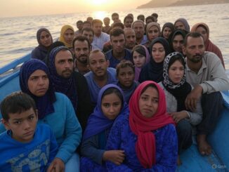 Group of people on a boat at sunset.