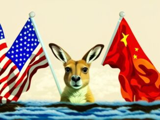 Marsupial framed by American and Chinese banners