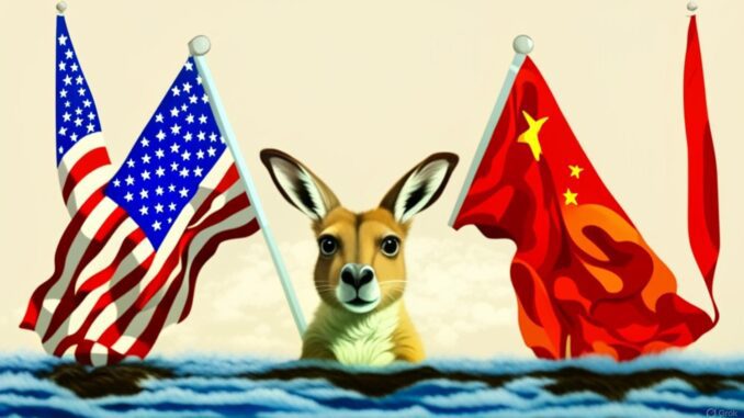 Marsupial framed by American and Chinese banners