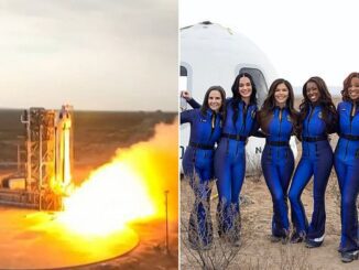 Rocket launch and astronauts posing together.