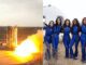 Rocket launch and astronauts posing together.
