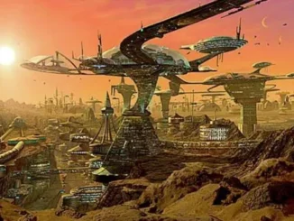 Futuristic cityscape with alien architecture at sunset.