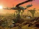 Futuristic cityscape with alien architecture at sunset.