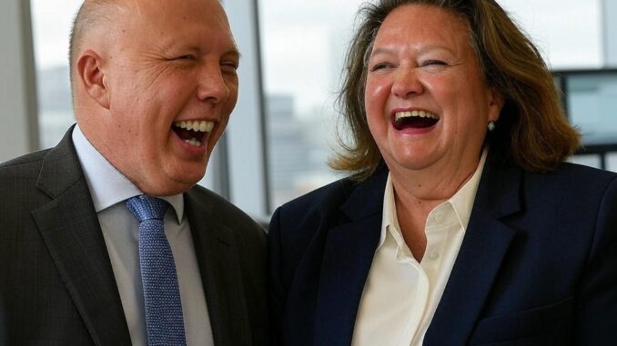 Two people laughing in business attire.
