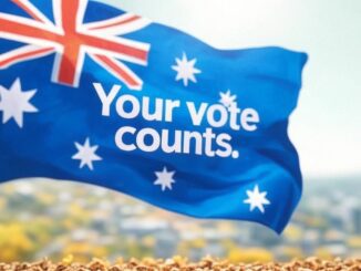 Australian flag with "Your vote counts" text.