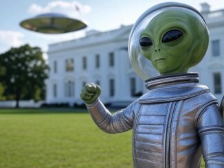 A toy alien figure poses in front of the White House on a sunny day.