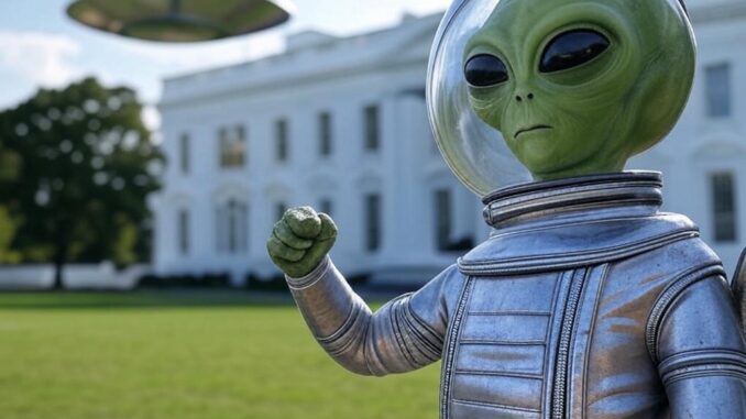 A toy alien figure poses in front of the White House on a sunny day.