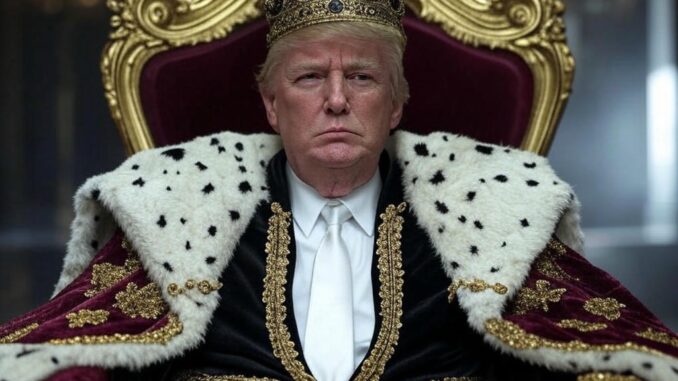 Donald Trump dressed as a regal king sitting on an ornate throne.