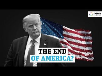 Donald Trump with a faded American flag background and text questioning America's future.