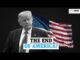 Donald Trump with a faded American flag background and text questioning America's future.
